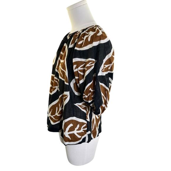 Who What Wear Puff Sleeve Top XS Linen Blend Brown Black Print Minimal - Picture 2 of 8